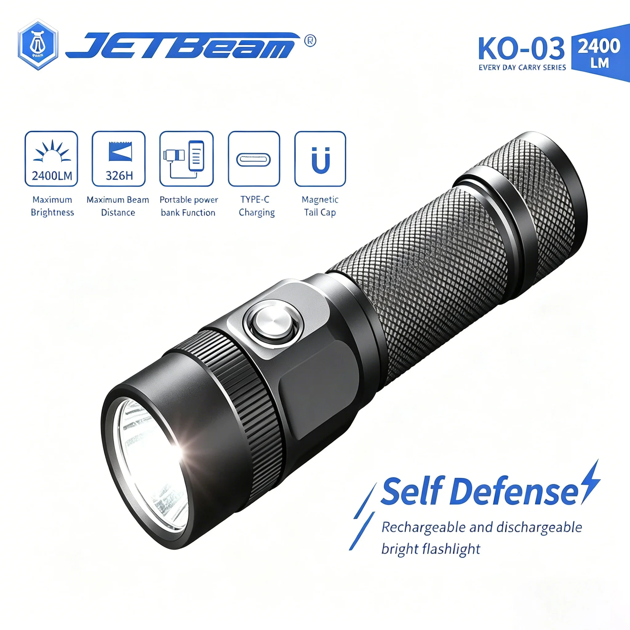 Jetbeam KO-03 EDC Flashlight 2400 Lumens Rechargeable High Power Pocket Light Everyday Carry Flashlight With 21700 Battery