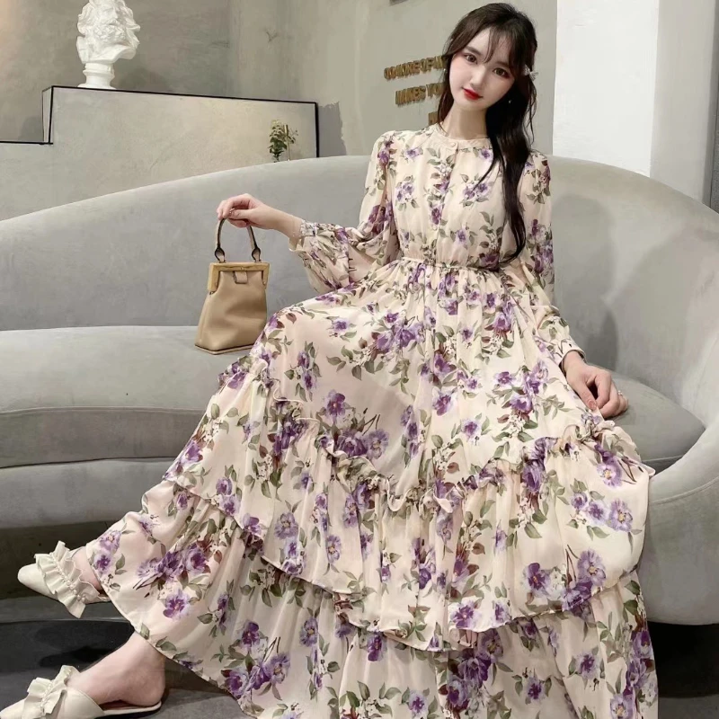 

Cake Dress Women Long Dresses A Line Vestidos Print Floral Round Neck Wedding Elegant Splice Y2k Party Night High Waist Summer