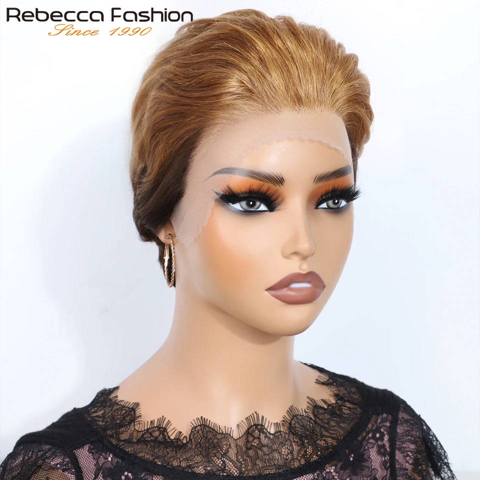 

Rebecca Ombre Blonde Short Pixie Cut Slicked Back Bob Lace Front 100% Human Hair Wig For Women Brazilian Remy Hair Daily Wigs