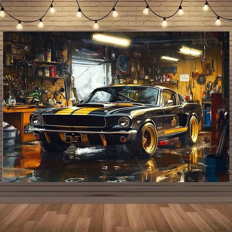 1 piece of vintage garage car wall fabric, classic sports car industrial style background fabric, garage decorative fabric