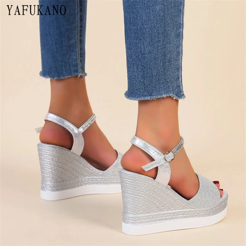 Glitter Ankle Strap Wedge Sandals Silver Party Wedding Shoes Fashion Platform High Heels Open Toe Women Pumps Small Size 33