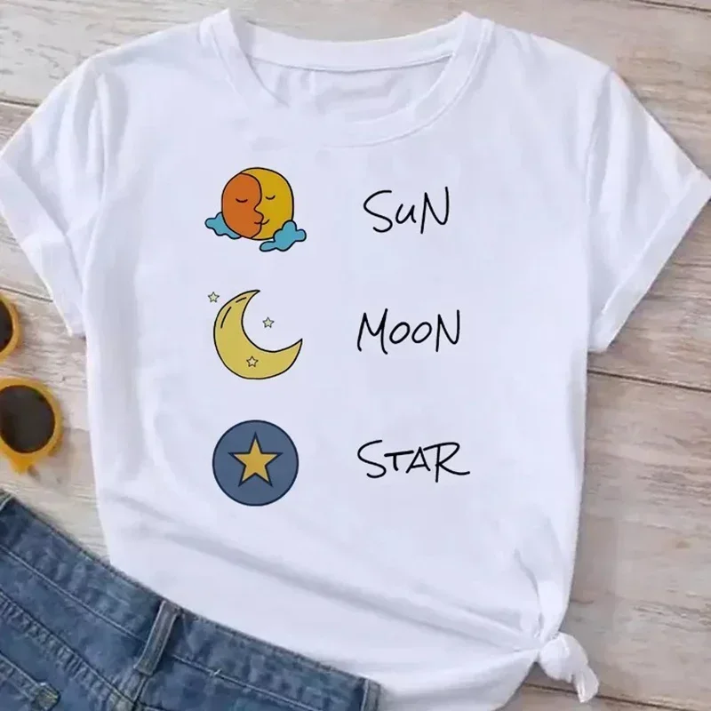 Moon Space Planet Print Fashion Women Graphic T-Shirts Harajuku White Female Clothes Short Sleeve Summer Tees Casual O-Neck Tops
