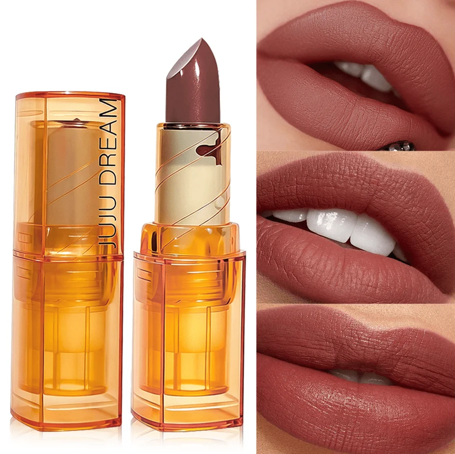 JUJU DREAM Amber Transparent Tube Velvet Lipstick Retro Brown Matte Long Lasting Daily Women Lip Makeup