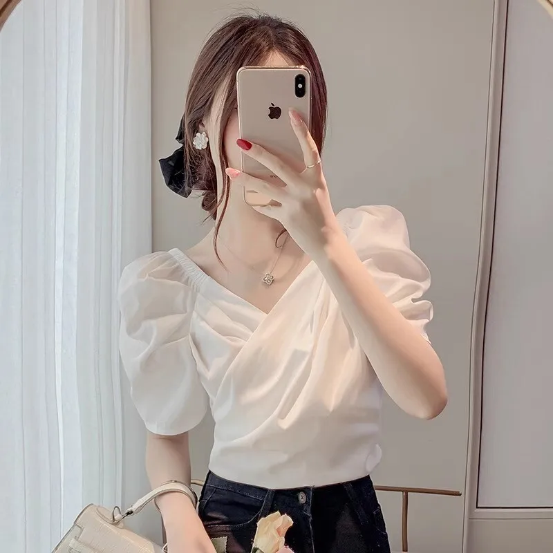 Puffy Sleeve Chiffon Female Summer 2024new Design Short Sleeve Blouse Cross T-shirt V-neck Slim Short Tops Women\'s Clothing Traf