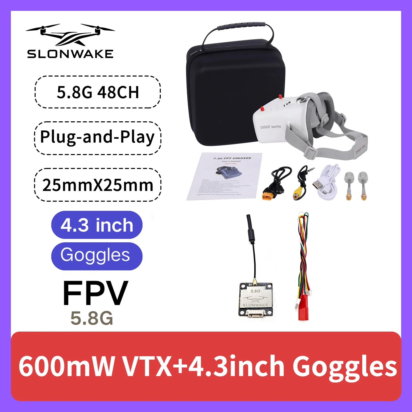 SLONWAKE 5.8G 48CH FPV 600mw VTX with 4.3inch Monitor for Racing Drones RC Cars Model Aircraft Fixed-Wing Drone Acc