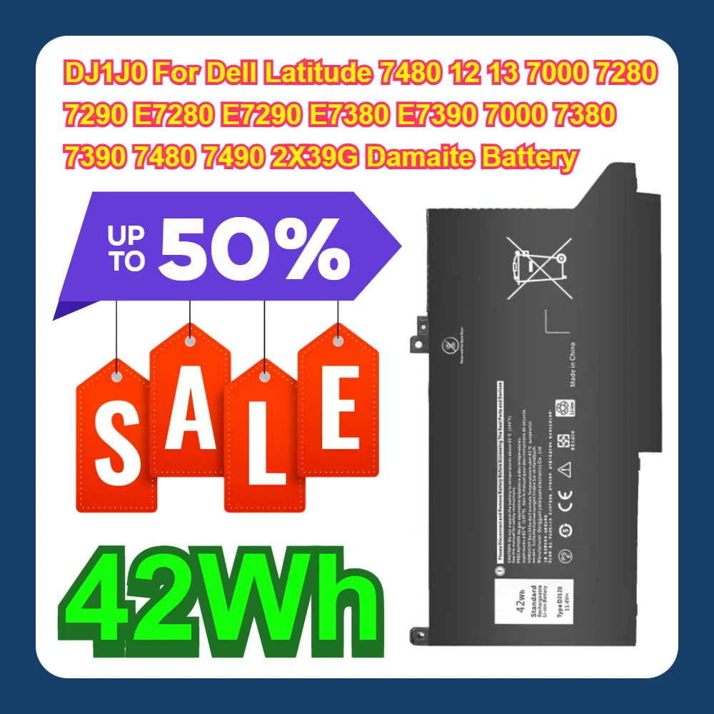 DJ1J0 For Dell Latitude 7480 12 13 7000 7280 7290 E7280 E7290 E7380 E7390 7000 7380 7390 7480 7490 2X39G Damaite 42Wh Battery