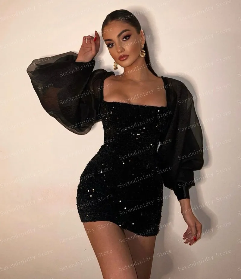 Sexy See Through Party Dress Square Neck Bubble Sequins Luxuries Cocktail Dresses Custom Made Ever Pretty Women Clothing