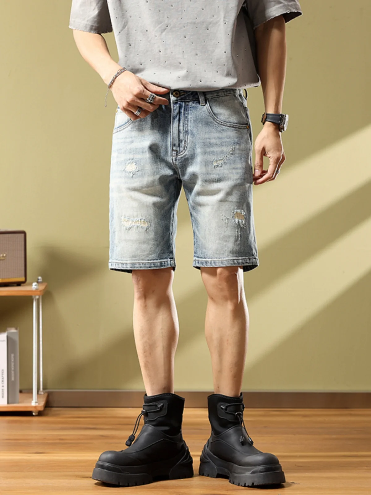 

High-End Ripped Patch Jeans orts Men Summer Thin High Street Elastic Slim Straight Casual Five-Button Trendy Brand