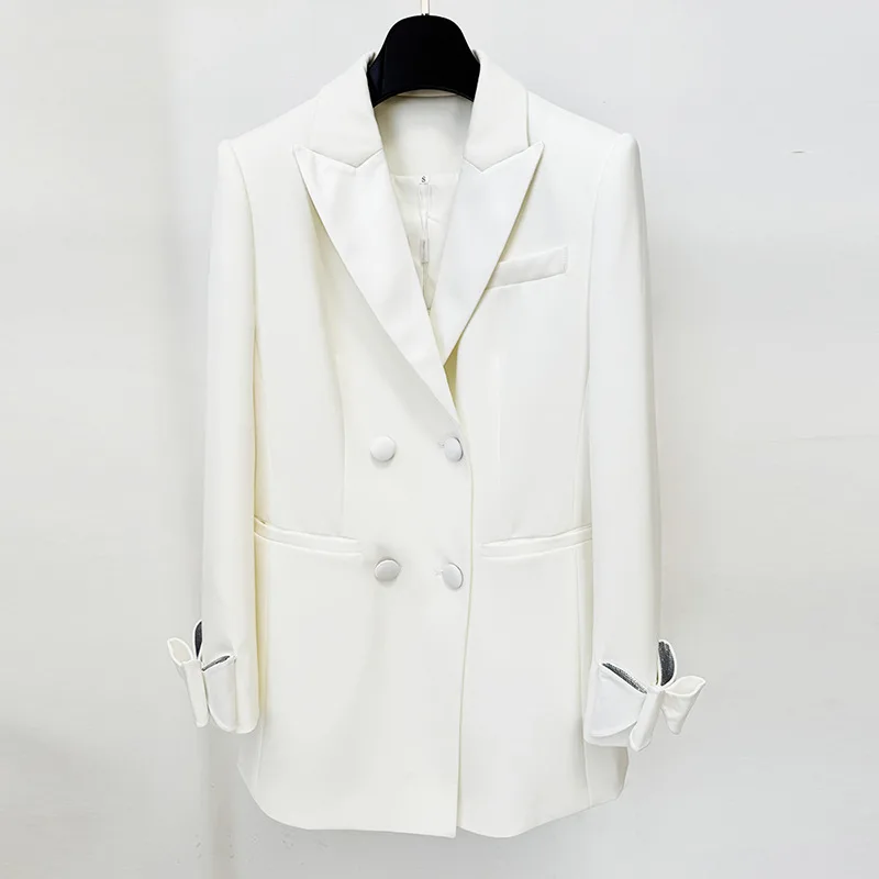 HKSH Herfst Nieuwe Vrouwen Blazer Double Breasted Turn-down Kraag Patchwork Boog Bezaaid Diamanten Chic Office Lady Lange Jassen HK11411