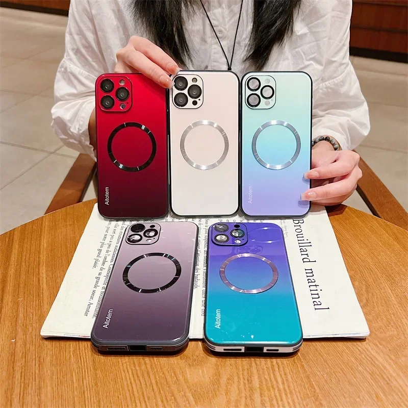 Gradient Magnetic Case for iPhone 16 15 14 13 Pro Max Plus Mag-safe Shell Shockproof Hard Cover Wireless Charging Bumper Funda