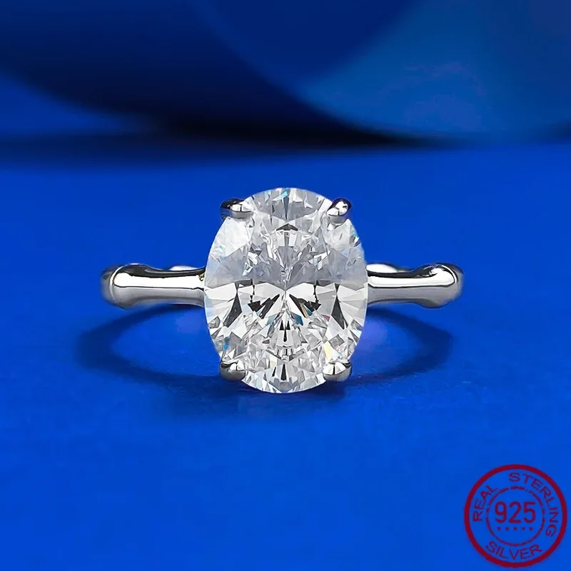 

New S925 Pure Silver 8 * 10mm Oval White Diamond Bamboo Knot Ring European and American Style Simple Ring Ring Wedding Jewelry