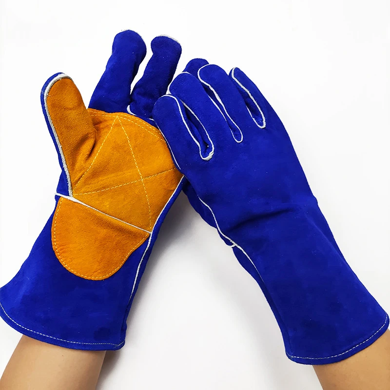 Welding Gloves 14 Inch Long Sleeves Gloves Blue Heat/Fire Resistant Leather For Stick,Mig,Tig, BBQ,Grill,Fireplace,Wood Stove