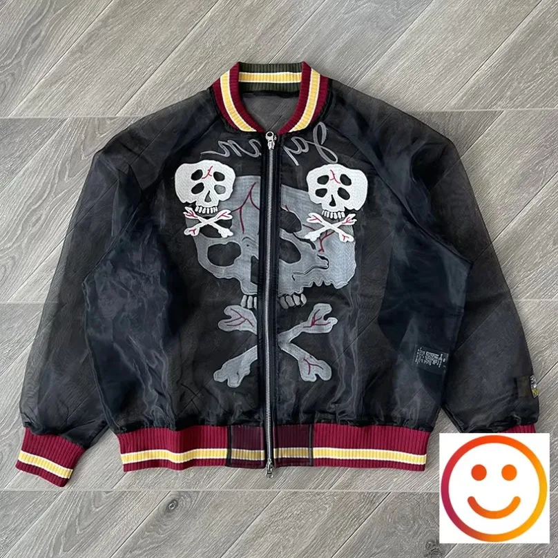 Japanese KAPITAL KOUNTRY Translucent Silk Skull Embroidery Sunscreen Zipper Jacket Men Women High Quality Thin Windbreak Jackets