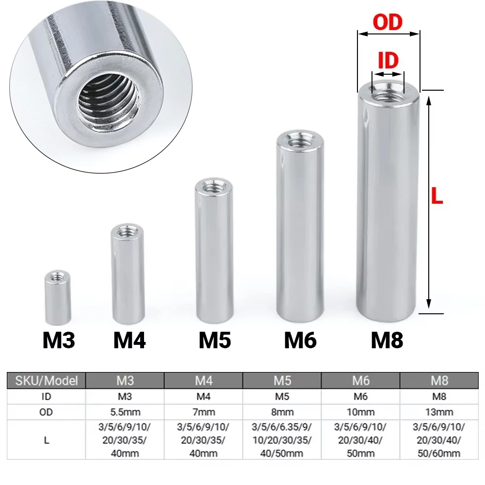 100pcs/Lot M3 M4 M5 M6 M8 Aluminum Spacer Threaded Round Spacers Flat Washer Bushing Gasket Spacer Sleeve Standoffs Fasteners