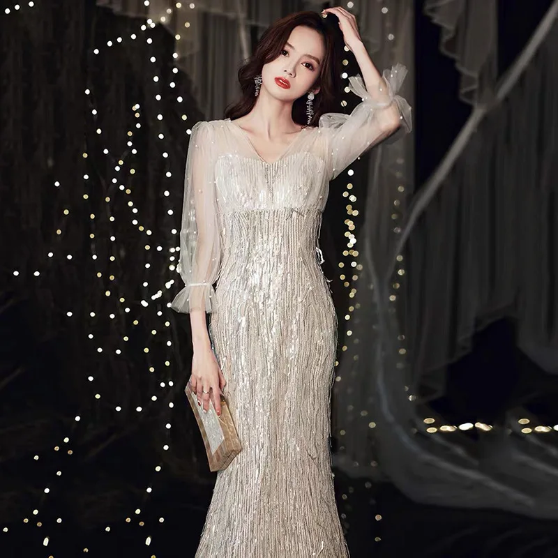 Ele Sexy Sequin 2024 New Long Evening Gown Golden Color Women's High-End Aosphere  Lady Year Conference Par Dr