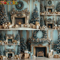 Mocsicka Photography Backdrop Blue Fireplace Christmas Tree Decoration Family Xmas Holiday Party Backgrounds For Photographs
