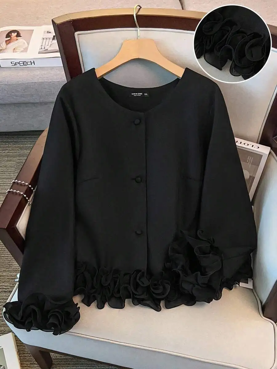 

Black Plus Size Crew Neck Long Sleeve Jacket with Ruffle Cuffs, Minimalist Design for Autumn Winter Commute