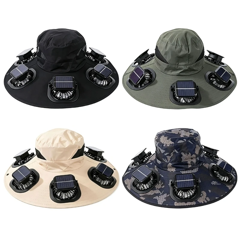 Six Visible Fan Solar Hat with Broad Sun Shade, Solar Cell Form and Listed Port Connection for Daytime Wear