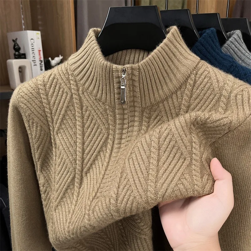 Men Winter Half Zip Sweater Twisted Jacquard Thick Warm Business Casual Pullover Knit Top For Young Middle Aged Men