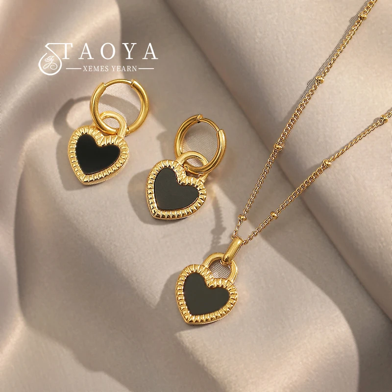 European and American Luxury Stainless Steel Two-side Shell Heart Pendant Earrings 2023 Fashion Jewelry For Womens Set accessory