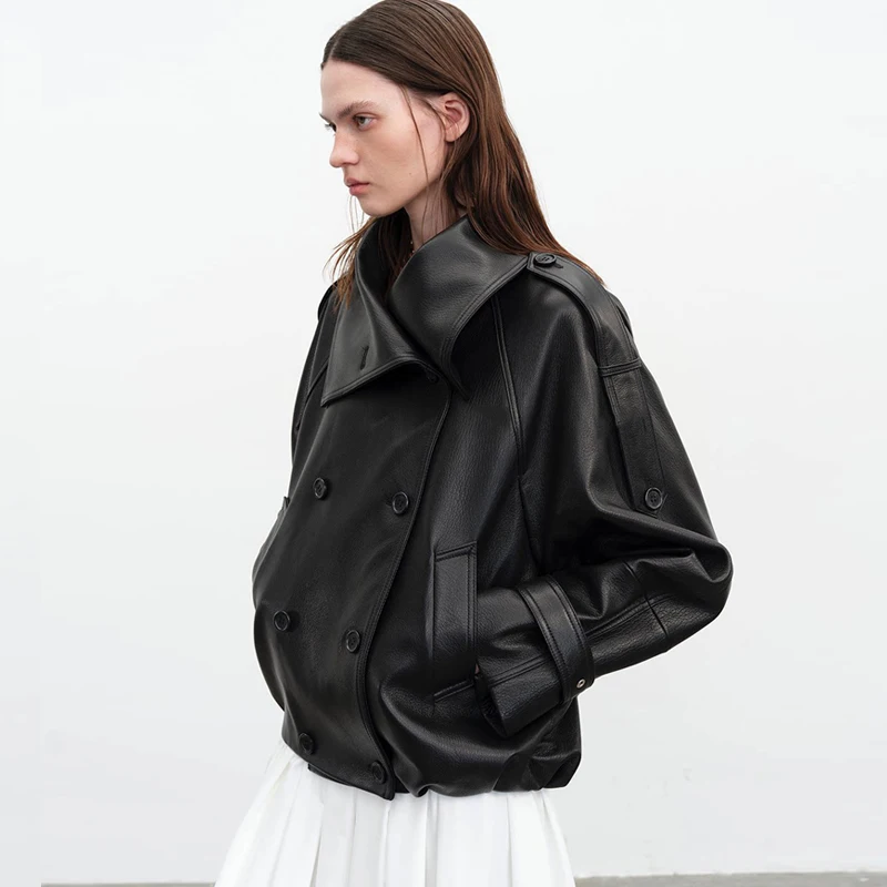 100% Genuine Sheepskin Jacket for Women Casual Double Breasted Stand Up Collar Short Silhouette Coat Real Leather Jacket Tops