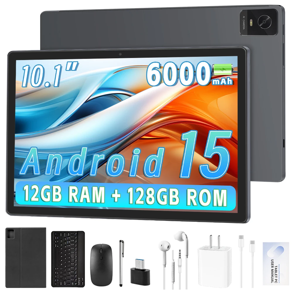 ANRY 10.1 Inch HD Incell Display Tablet 12GB RAM 128GB ROM Helio G80 5+13MP Camera 6000mAh WiFi 6 Bluetooth Android 15 Tablet
