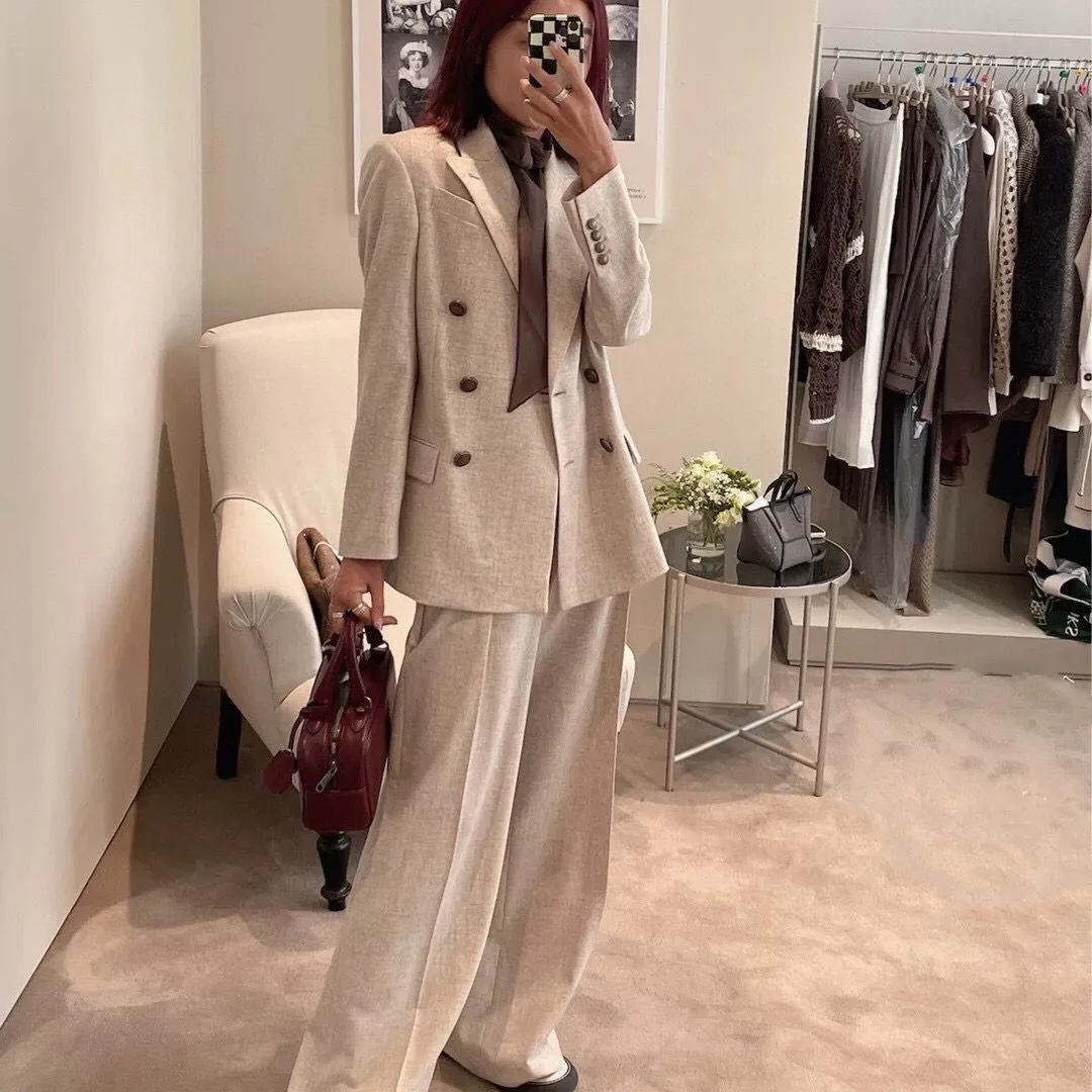 2025 New Fashion Autumn Elegant Fashion Woolen Suit Pants Women High Waist Belt Pleated Loose Casual Trousers