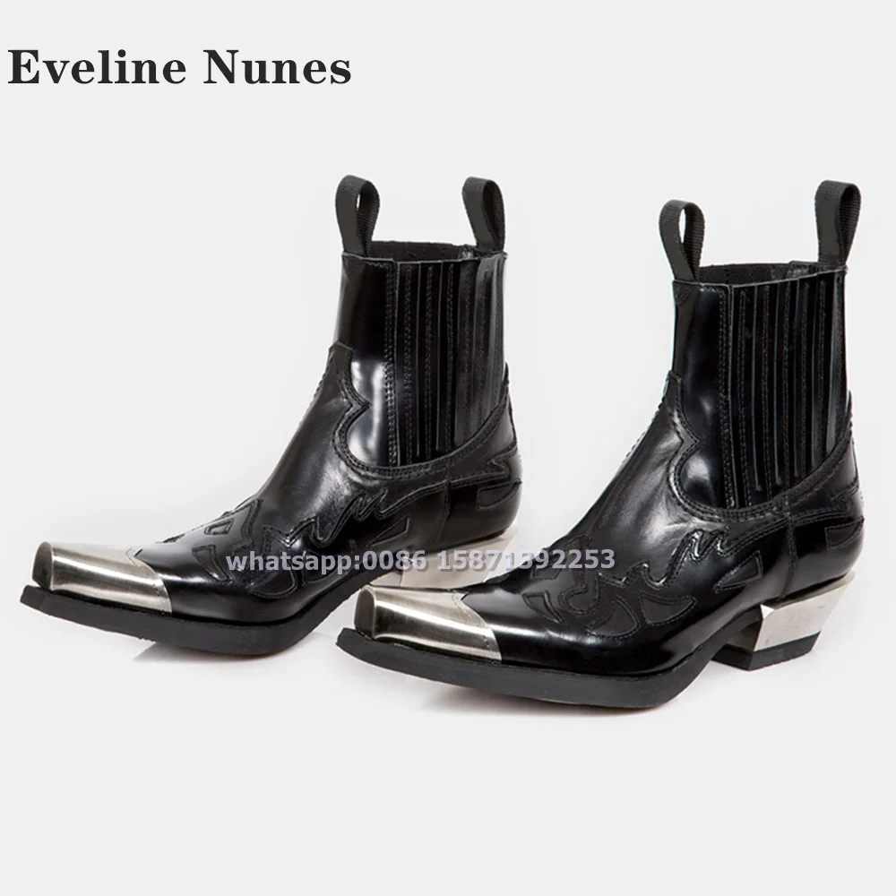 Metal Decoration Retro Ankle Boots Pointed Toe Chunky Heels Sewing Patchwork Punk Fashion Cowboy Boots Cool Shoes 2024 Newest