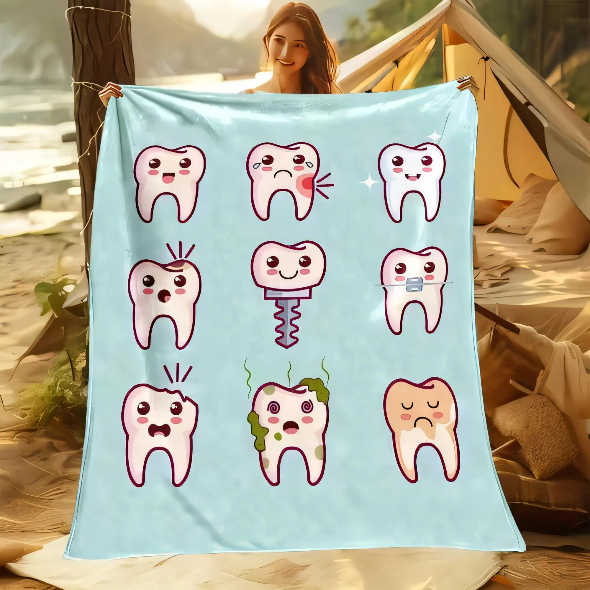 Cartoon Teeth Blanket 3x3 Grid Design with Happy and Sad Faces, Light Blue Soft Throw for Kids, Perfect for Camping or Outdoor A