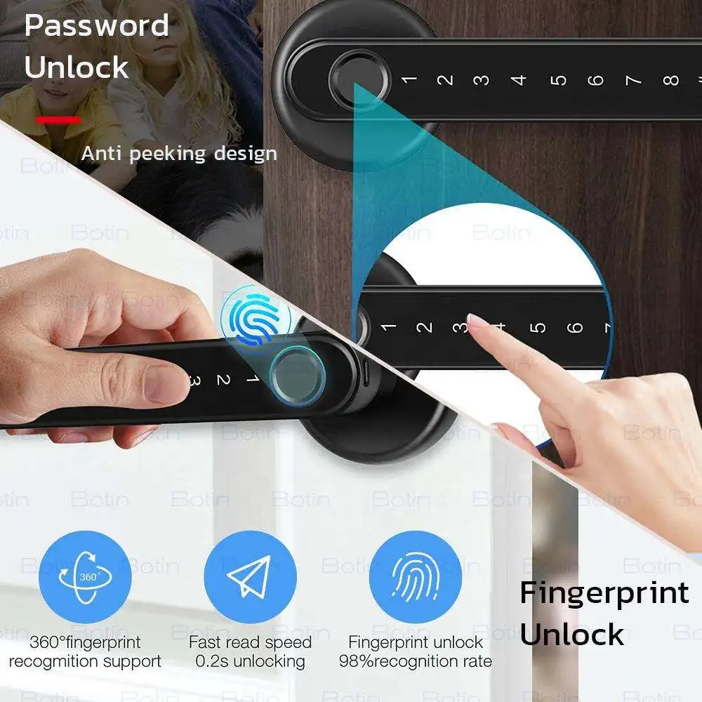 Tuya Bluetooth Biometric TTlock APP Door Handle Lock Digital Electronic Lock with Password/Key/IC Card/ Fingerprint/ APP Unlock