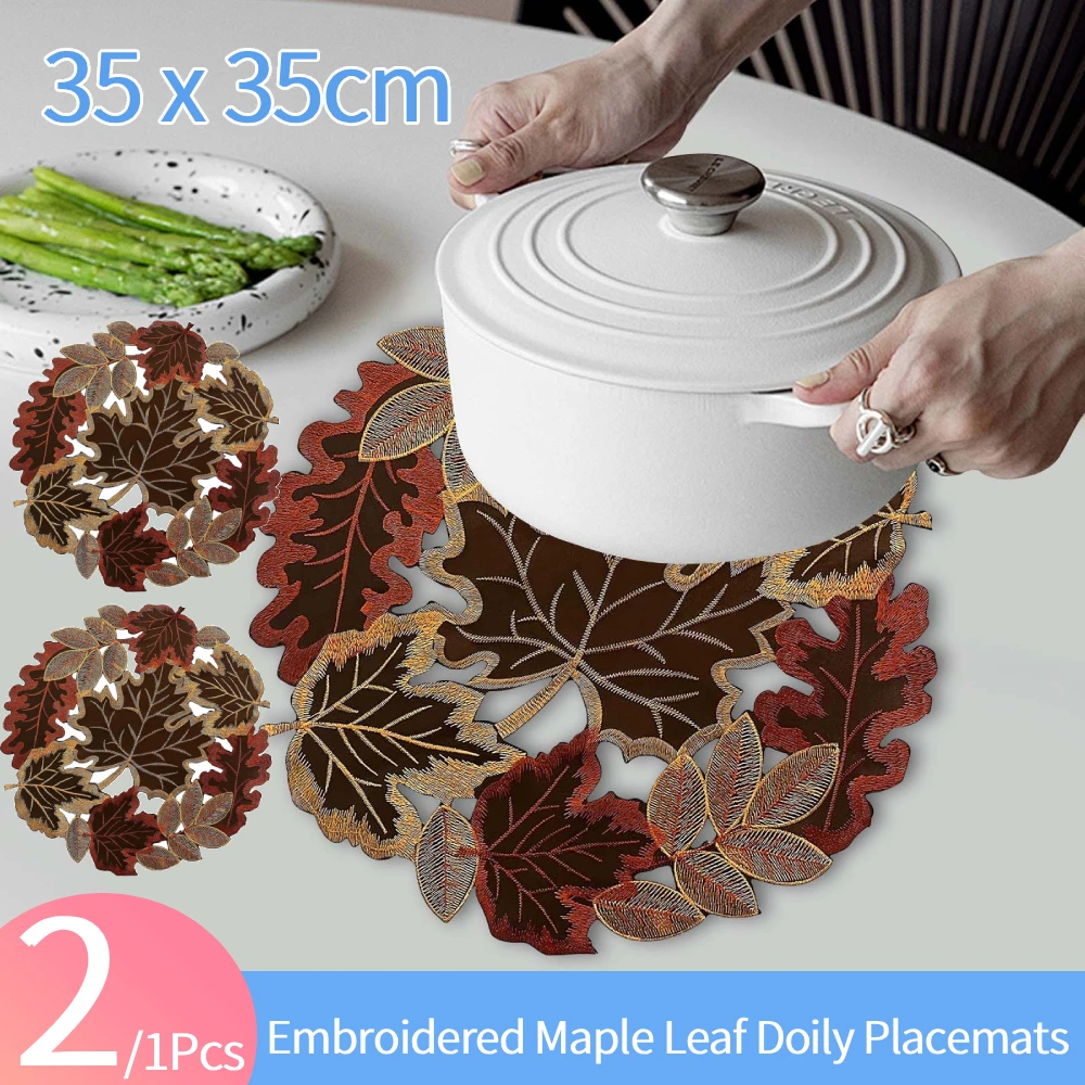 1/2Pcs Embroidered Maple Leaf Round Doily Placemats with Lace Fall Thanksgiving Maple Leaf Hollow Table Runner for Party Dining