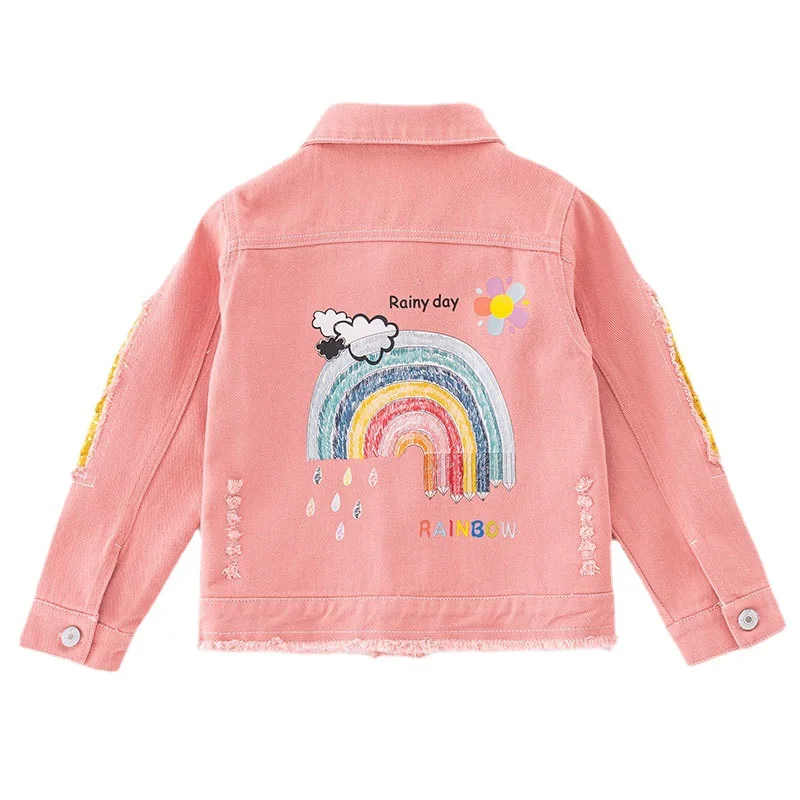 

5-12 Years Teen Girls Denim Jacket New Fashion Pink Rainbow Sequins Jean Coat For Girl Spring Autumn Children Outerwear Clothing