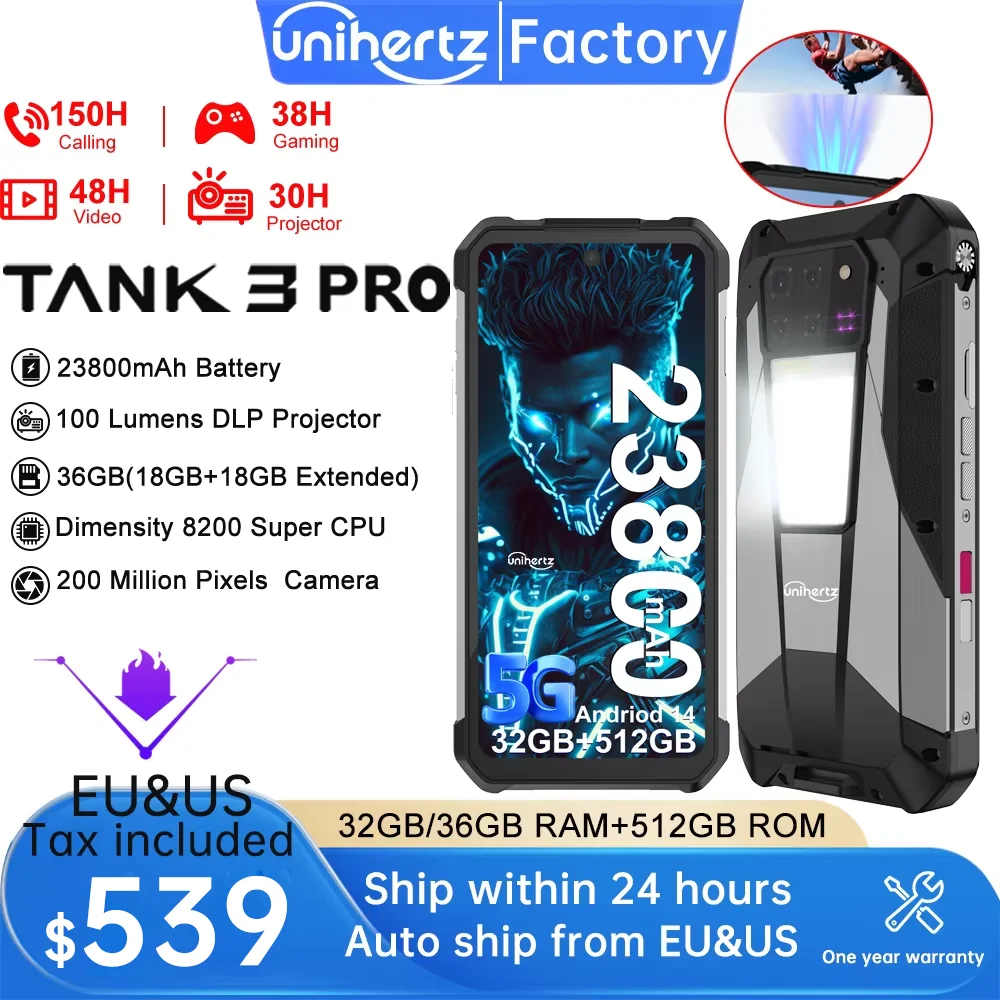 

Unihertz Tank 3 Pro 8849 Projector Smartphone Android 14 5G Phone, 32GB 512GB, 200MP Camera, Dimensity 8200, IP68, Bluetooth 5.3
