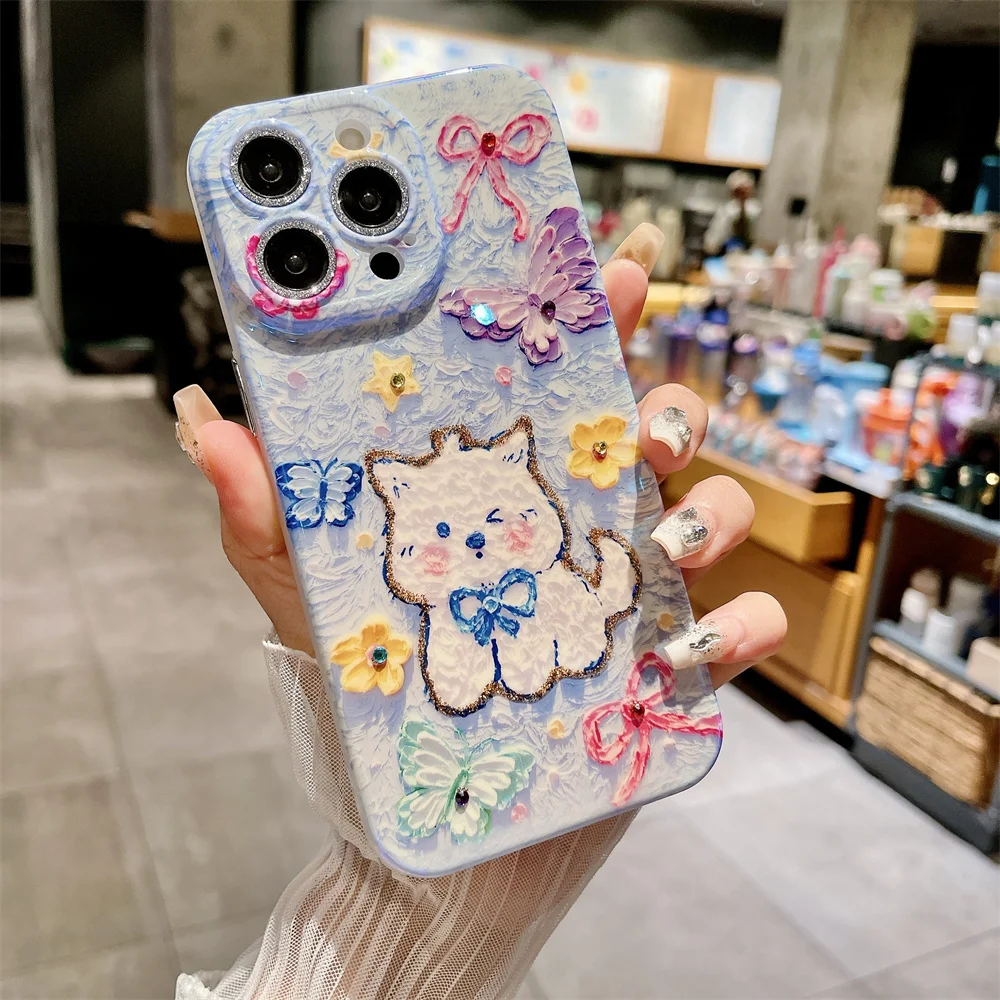 Cute Cartoon Jewelled Phone Case For Iphone 12 13 14 15 Pro Max Blu-ray Shockproof PC Protection Hard Shell Back Cover