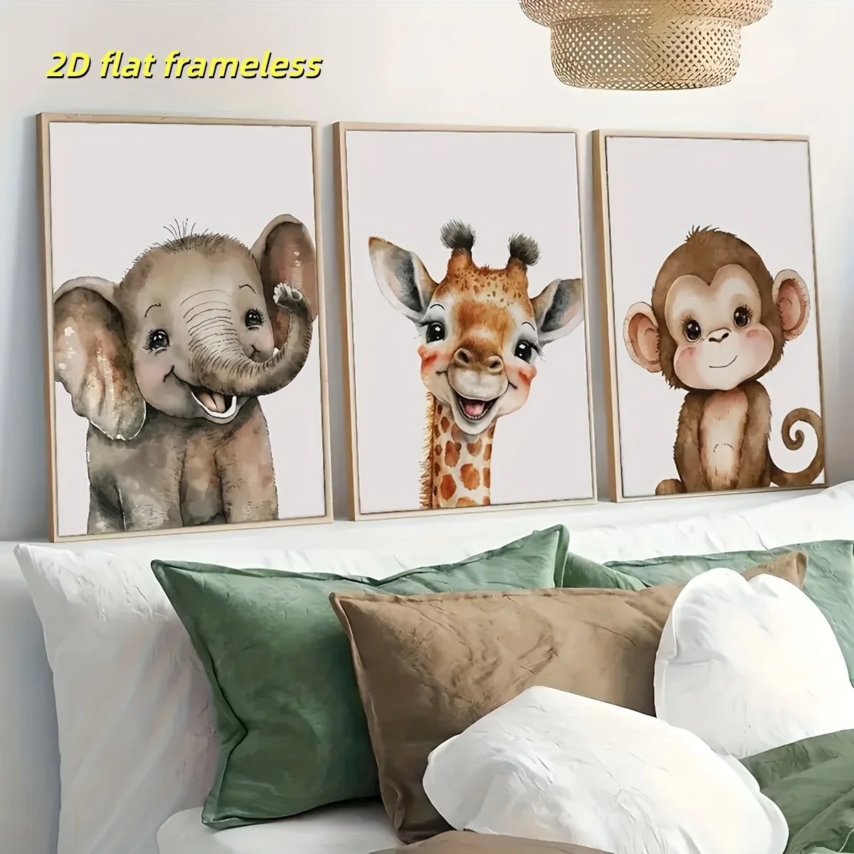 3 enchanting canvas art posters for wildlife park friends, including elephants, monkeys, and giraffes, suitable for decorating l