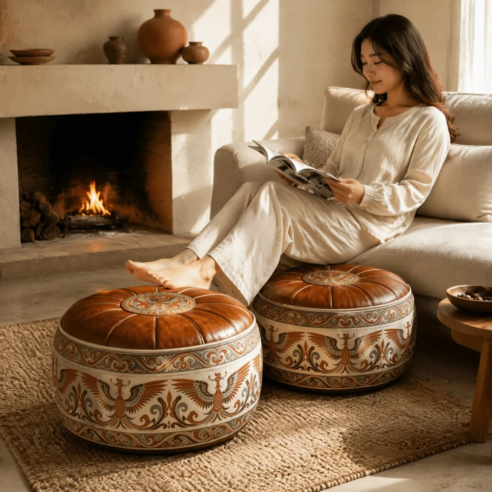 Retro Ethnic Style Sofa Stool Cover PU Leather Space Saving Round Footstool Cover Unfilled Phoenix Pattern Storage Ottoman