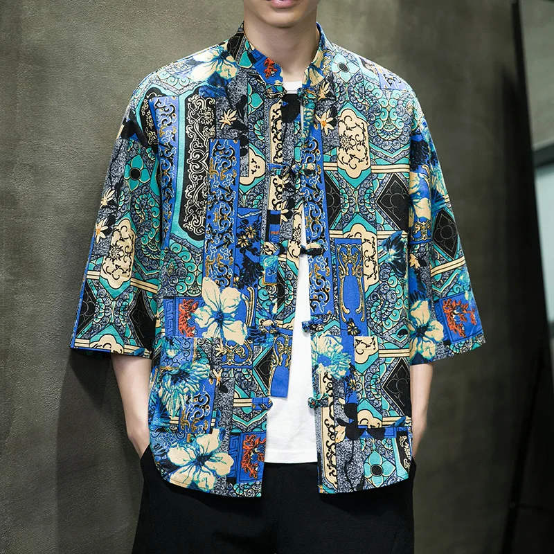 

Summer Thin Men's Casual Jacket Three-Quarter Sleeve Chinese Style Men's Stand Collar Button Cotton Linen Printed Short Sleeve S