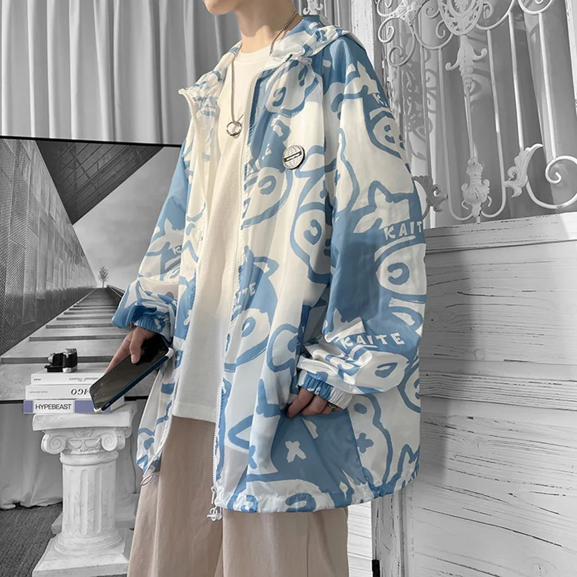 

Bear Print Men's Summer Ultra-Thin Breathable Sun Protection Jacket Couple's Style Casual Loose Fit Long Sleeve Shirt