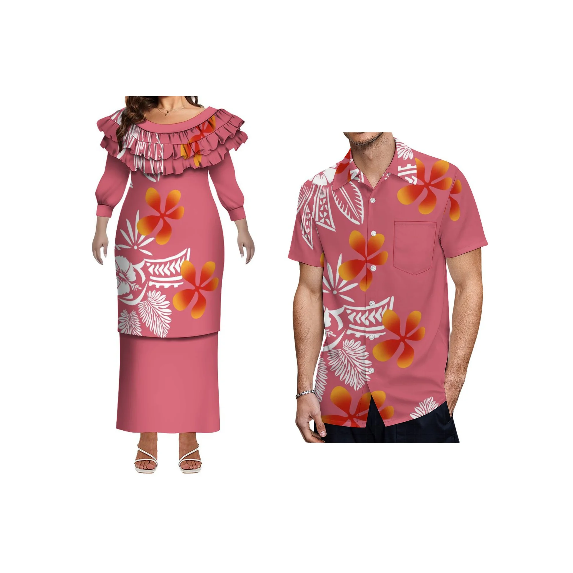 

2025 New Style Design Polynesian Puletasi Dresses Lady Long Sleeve Crew New Dress Customized Matching Aloha Men Shirt 2 Pieces