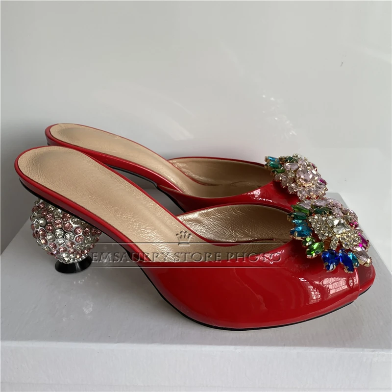 Colorful Rhinestone Buckle Modern Sandals Women Diamond Crystal Spherical Heel Luxury Patent Leather Slingbacks Summer Mules