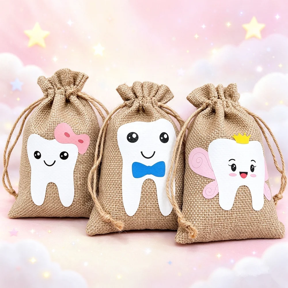 6pcs Baby Tooth Storage Bag Cute Tooth Fairy Pouch Baby Kids Milk Tooth Keepsake Gift Container Cartoon Burlap Drawstring Bags