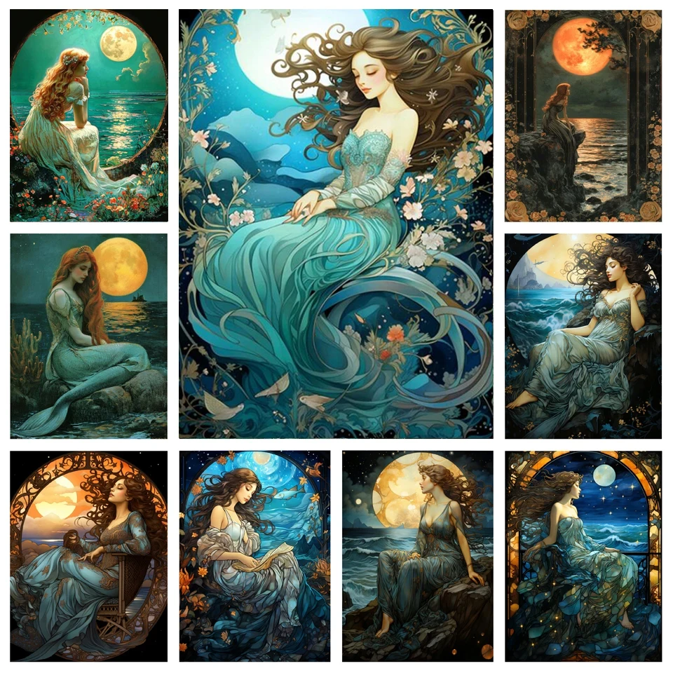 5D Diy Diamond Painting 2024 New Collection Sea Woman Moon Scenery Full Rhinestone Embroidery Mosaic Mermaid Picture Y1391