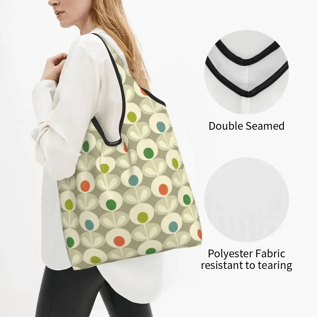 Reusable Orla Kiely Flower Grocery Bag Foldable Machine Washable Abstract Floral Shopping Bags Eco Storage Bag Attached Pouch