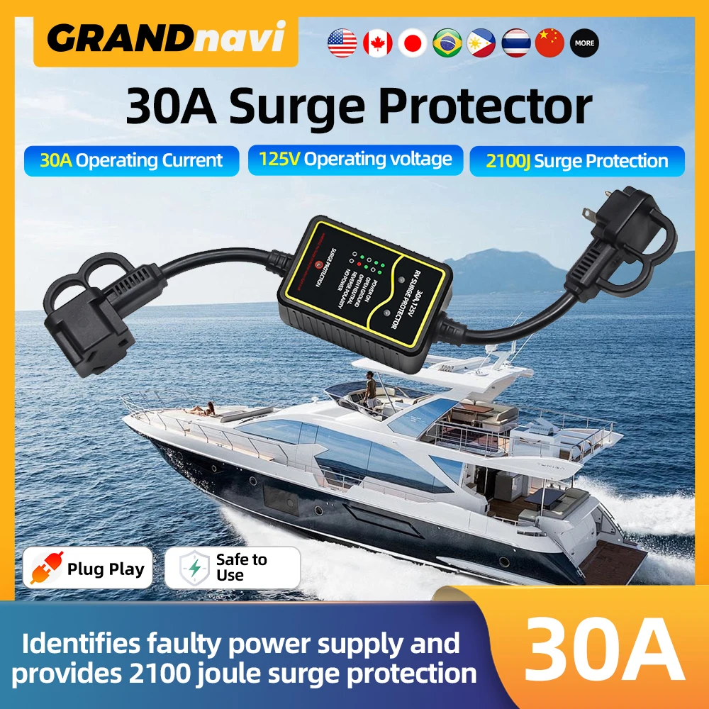 Grandnavi Surge Protector 30 Amp For RV Yachts Vehicle Protects Electrical Equipment From Dangerous High/Low Voltage