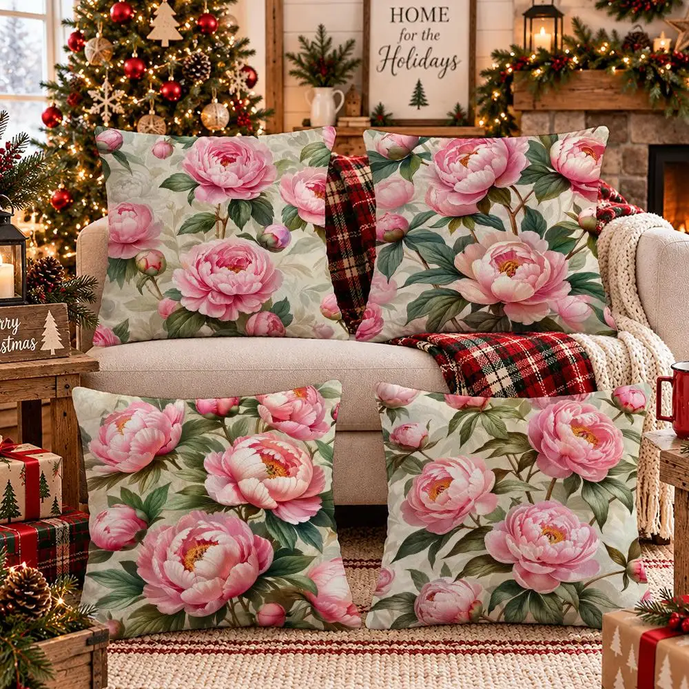 Blush Peony Garden Cushion Cover Soft Short Plush Pillow Cover Smooth Cozy Texture Cushion Case Home Decor