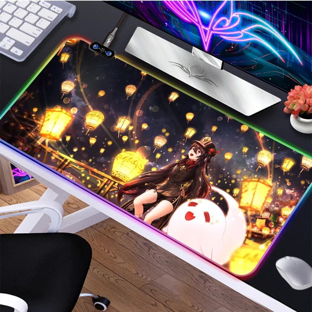 Rgb Hu Tao Genshin Impact Mousepad 90X35 Kawaii Komputer Gaming Theodores Mouse Pad L 60X30 Mause Pad LED Backlit Mat Epepad