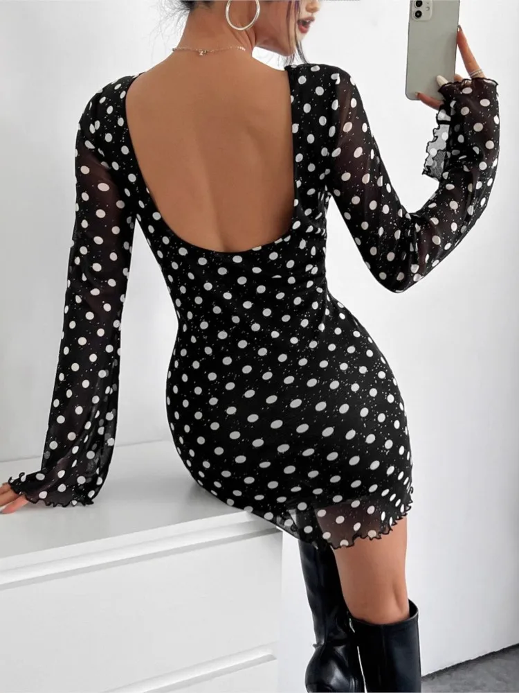 

Polka Dots Dress Mesh Backless Vestidos Hollow Out Dresses 2025 WomanTrendy Flared Sleeves Vestido Commuting Sexy Temperament