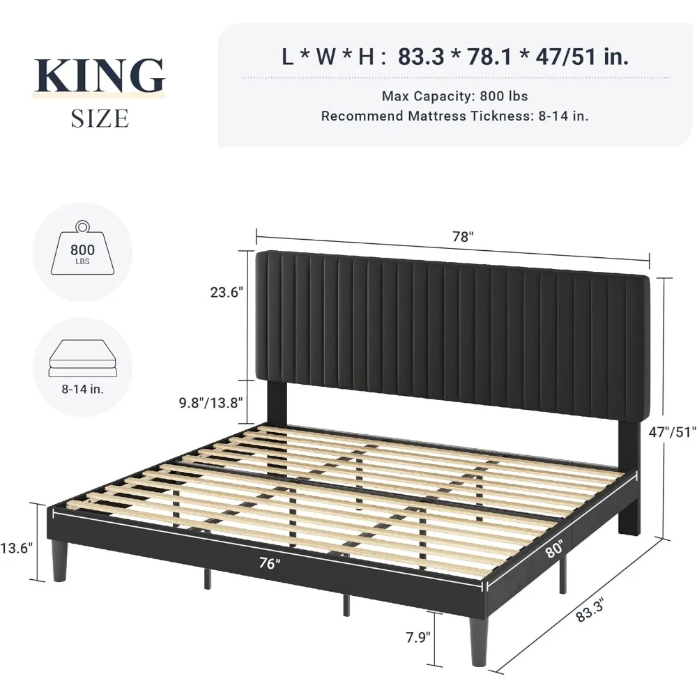 Allewie King Platform Bed Frame, Velvet Upholstered with Adjustable Vertical Channel Tufted Headboard, Mattress Foundation with