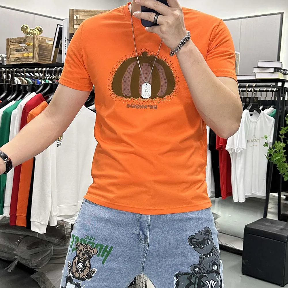 New Pumpkin T-shirt Men's Rhinestone Flocking Fashion Trend Brand Round Neck Unisex Tees Cotton Luxury  Large Size  Man Clothing