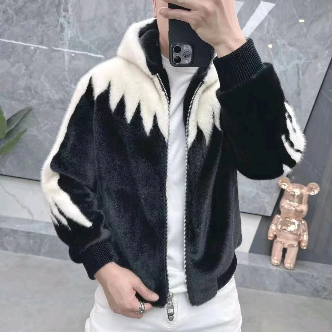 Chaqueta de piel sintética de retales de piel de visón dorada de invierno para hombre, chaqueta cálida con capucha gruesa, ropa de calle informal de negocios, abrigo Social